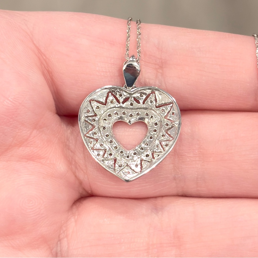 10K Diamond Heart Necklace, Dainty Filigree, Lavalier Style, White Gold, ADL - Picture 11 of 12